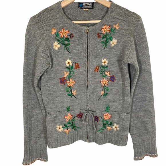 Vintage INDIA IMPORTS Small Knit Zip Cardigan Floral Embroidery Gray 70's 80s - Picture 1 of 9
